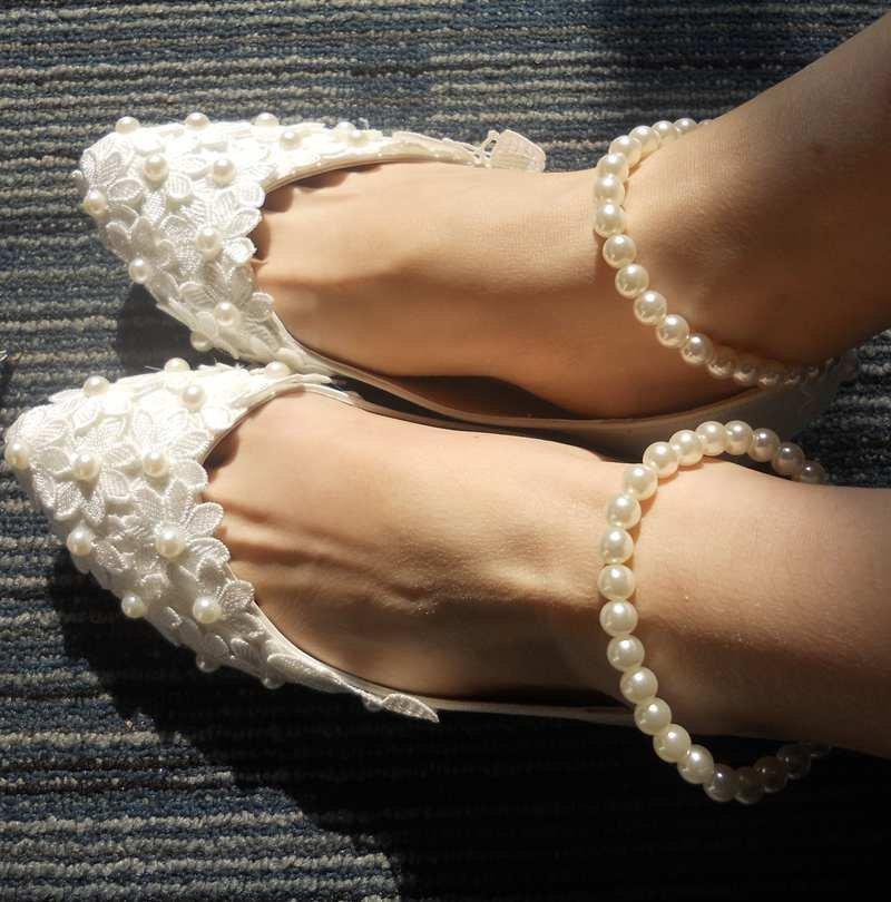 Mariage - Custom Ivory Satin Lace Flowers Women Wedding Shoesd Pearls Bandage Sexy Satin Women Shoes Flat Heels Comfortable Dacing Shoes
