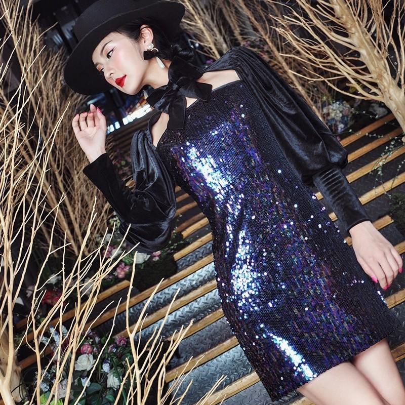زفاف - Attractive Bow Slimming Sequined It Girl 9/10 Sleeves Velvet Formal Wear Dress - Bonny YZOZO Boutique Store