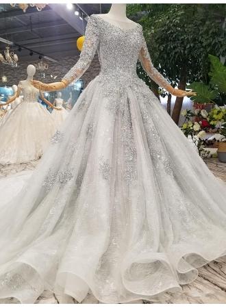 Mariage - Fashion Silver Brautkleider Mit Ärmel Spitze Hochzeitskleider A Linie Online Modellnummer: XY190