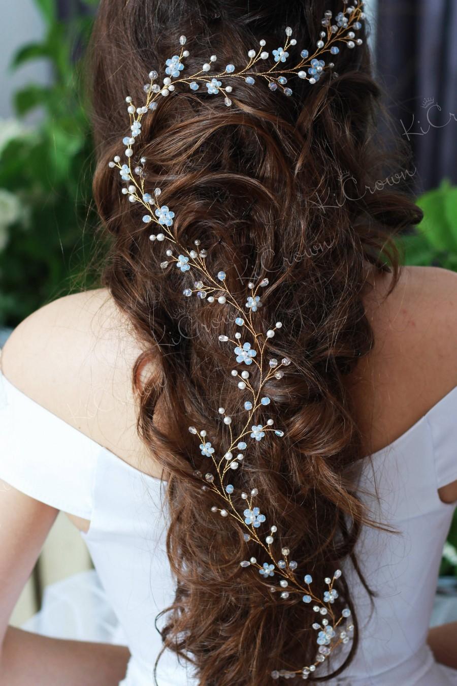 Hochzeit - Moonstone long hair vine Wedding hair vine Blue bridal hair accessory Pearls hair piece Blue pearls bridal headpiece Bridal pearl halo