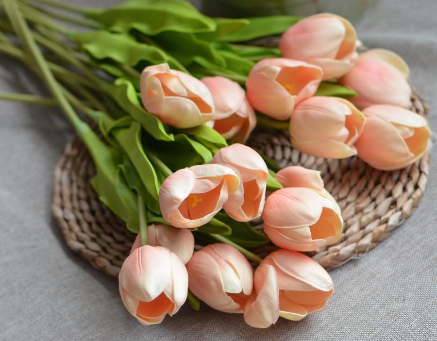 Hochzeit - Peach Blush Tulips Real Touch Flowers DIY Silk Bridal Bouquets Wedding Centerpieces Flowers Wedding Bouquets