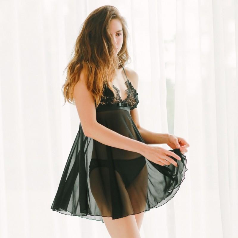 Mariage - Sexy Embroidery Low Cut Black Outfit Pajama Sleepy Dress Underwear - Bonny YZOZO Boutique Store