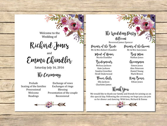 Wedding - Floral Boho Wedding Program, Printable Boho Wedding Program, Feathers Arrows Order of Service, Boho Order of the Ceremony, Download 113-W