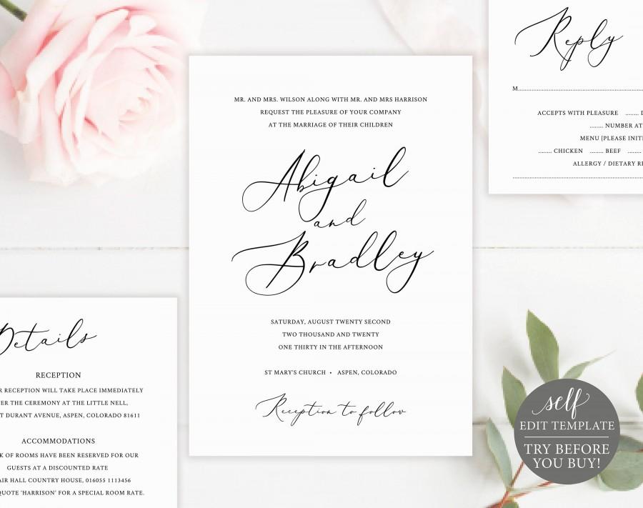 Wedding - Elegant Wedding Invitation Set, TRY BEFORE You BUY, Rsvp & Details Card, 100% Editable, Printable Invitation, Instant Download