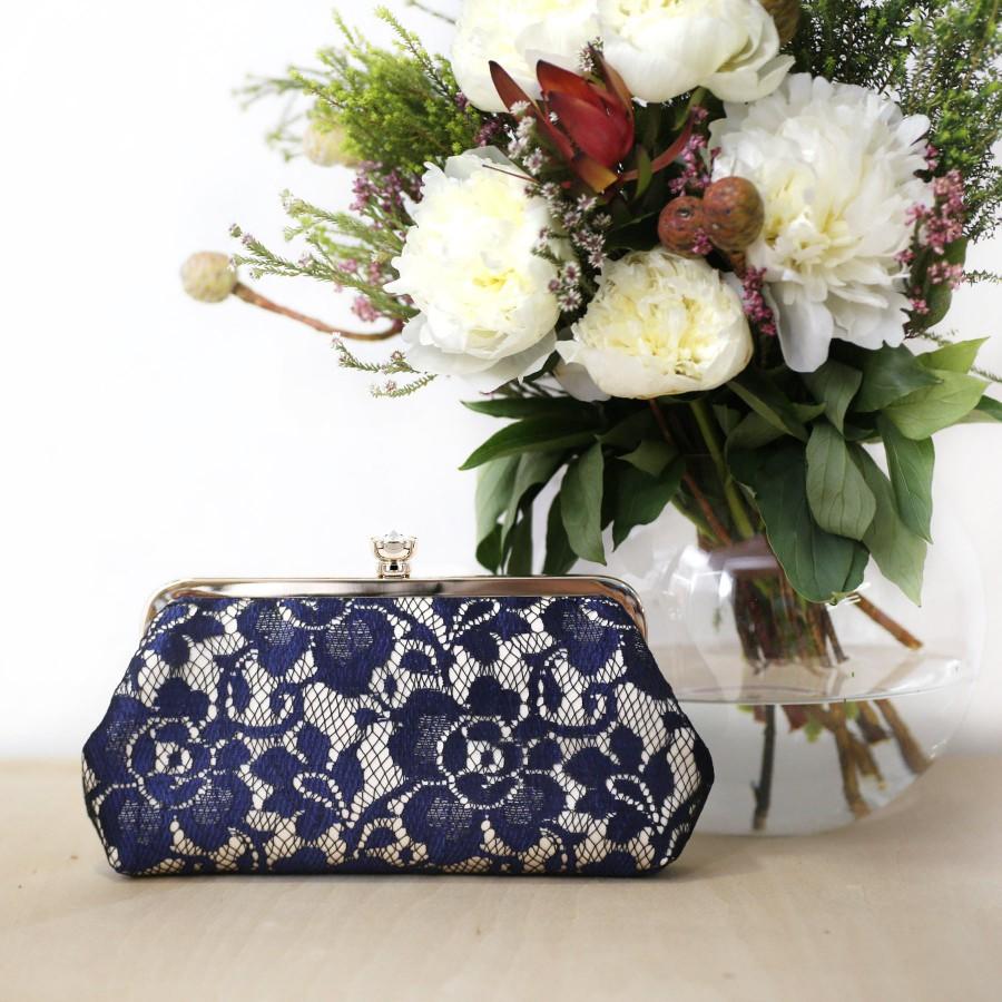 Mariage - Champagne Navy Peony Lace Wedding Photo Clutch for Birdes, Mother of the Bride and Groom and Bridesmaid Clutch, Personalized Gift for Her