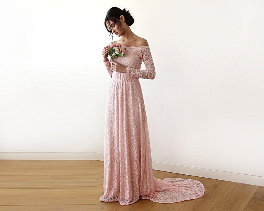 زفاف - Pink Wedding Dress, Off-the-shoulder Wedding Dress, Floral Lace Wedding Dress, Long Sleeve Wedding Dress, Train Wedding Dress 1148