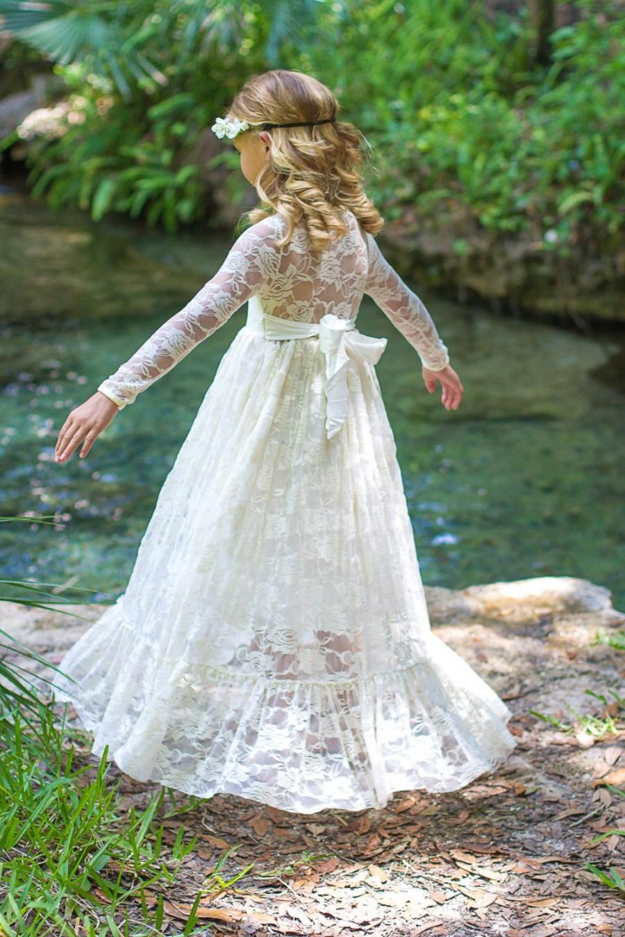 Hochzeit - Flower Girl Dress-lvory Lace Long Sleeve Dress- Baby Flower Girl Dress- Dresses- Ivory Girls Dress-Cream Dress- Rustic Wedding Dress