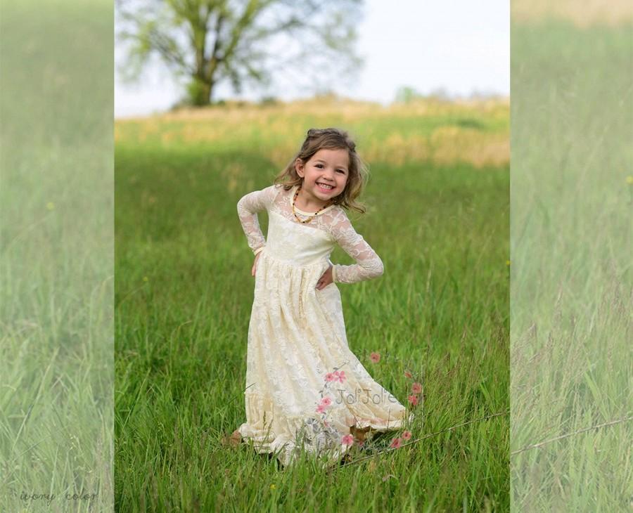 Mariage - Lace Girl Dress, Flower Girl Dress, Flower Girl Lace Dresses, Long Sleeve Dress, Country Lace Dress, Cream Toddler Dress, Ivory Lace Dress