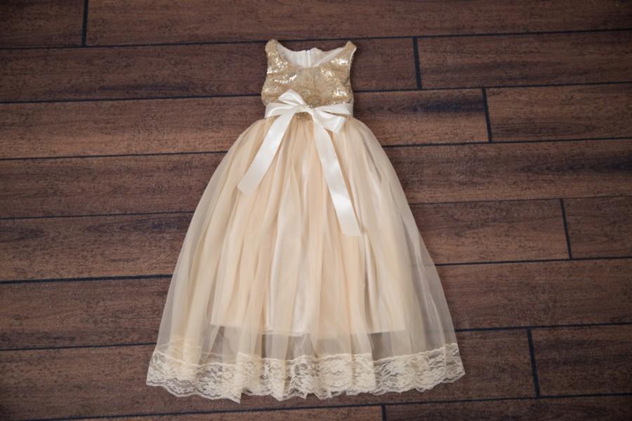 Wedding - Champagne Cream Flower Girl Dress, Gold Sequin Top, Floor Length Dress, Beige Wedding, Sash Belt Set, Tutu Dress, Ball Gown, Lace, Boho Chic