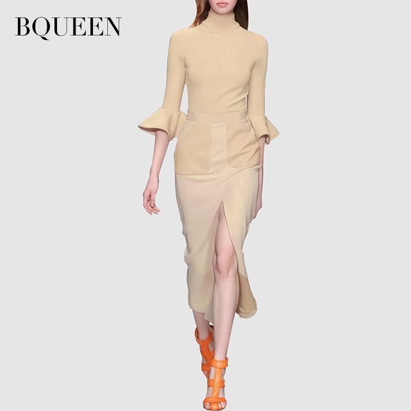 زفاف - Waves fall 2017 new stylish Turtleneck dress sleeves open front fork mosaic woman H2728 - Bonny YZOZO Boutique Store