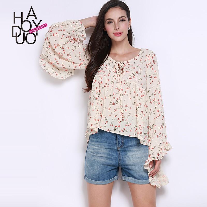 Hochzeit - Summer 2017 new floral print shirt with trumpet sleeves fold tie loose casual shirt women - Bonny YZOZO Boutique Store