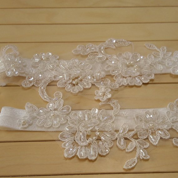 Wedding - ivory lace garter set bridal wedding accessory weddings days beaded pearl scaly special occasions gifts lace suspenders foot ornament garter