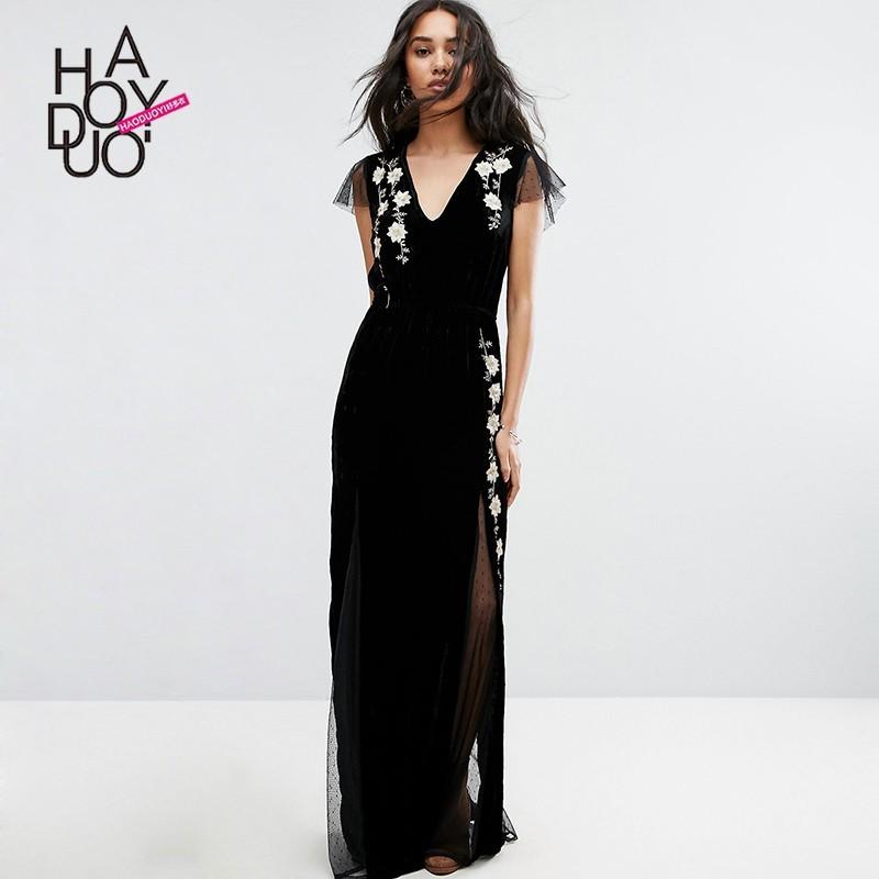 زفاف - Vogue Split Front Solid Color Embroidery V-neck Tulle Spring Dress - Bonny YZOZO Boutique Store