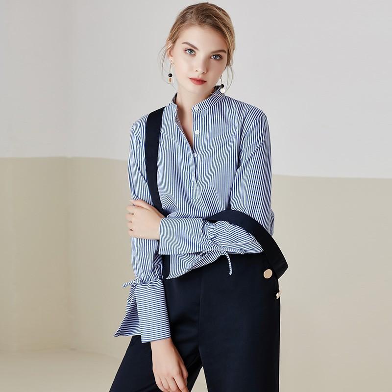 زفاف - Fall/winter new retro collar bow wave sleeve professional women in blue and white striped cotton shirt blouse 6473 - Bonny YZOZO Boutique Store