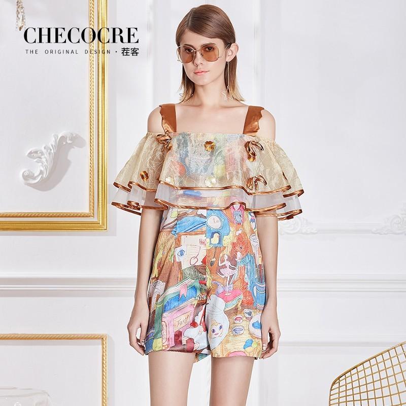Mariage - Vogue Printed Bow Off-the-Shoulder Chiffon Trendy Strappy Top Jumpsuit Short - Bonny YZOZO Boutique Store