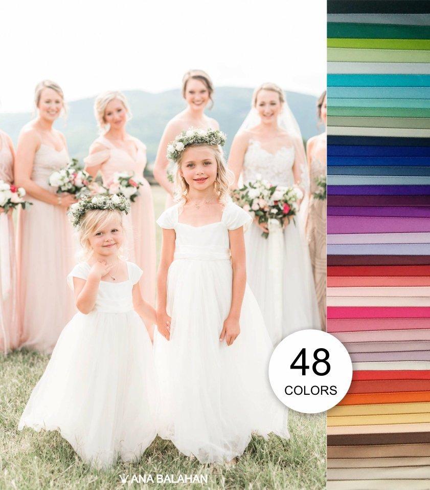 Hochzeit - Flower girl dress, Communion Floor full length, Classic toddler junior outfit, Bat Mitzvah Baptism Ivory White, ANNABELLE 48 sash colors
