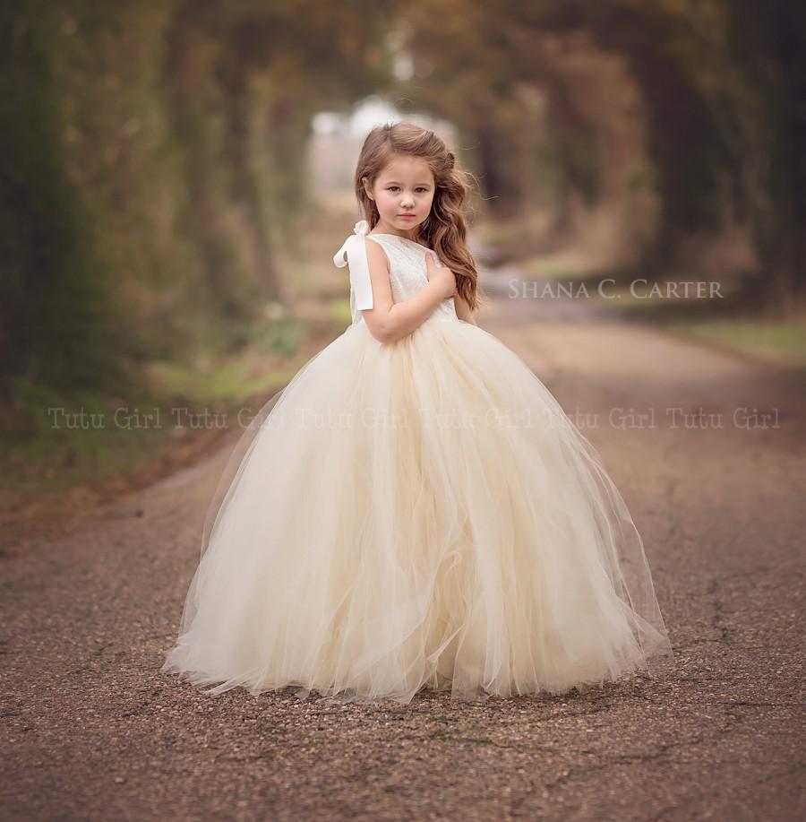 Hochzeit - Lace Flower Girl Dress Ivory Lace  Flower Girl Dress with Champagne Tutu Style One Strap Off the Shoulder Tulle Dress for Girls