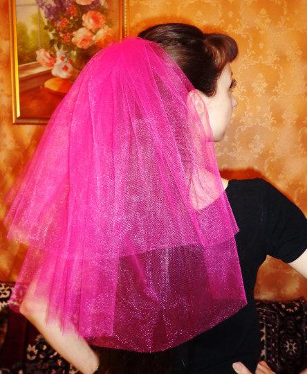 زفاف - Bachelorette party Veil 2-tier hot pink, middle length. Bride veil, accessory, bachelorette veil, wedding veil, hen party veil, idea