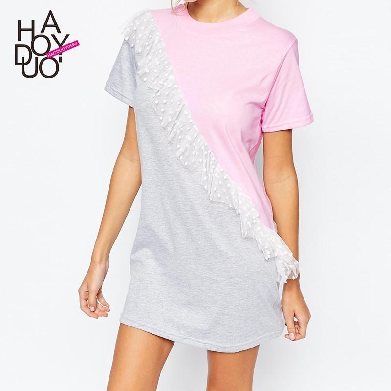 Mariage - Sweet summer 2017 new wave lace stitching color short sleeve t-shirt skirt dress - Bonny YZOZO Boutique Store
