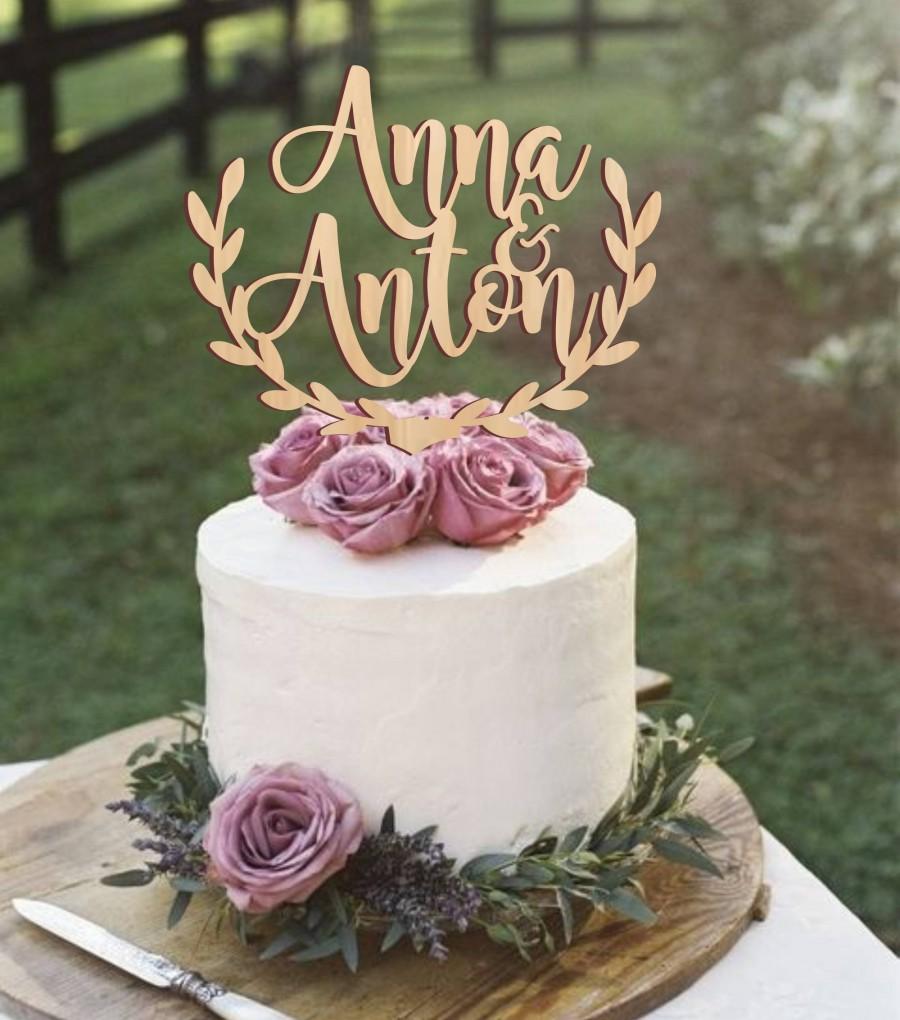 Wedding - Personalized wedding cake topper, rustic wedding cake topper, wooden cake topper, names cake topper, leaf border topper, your wood choice