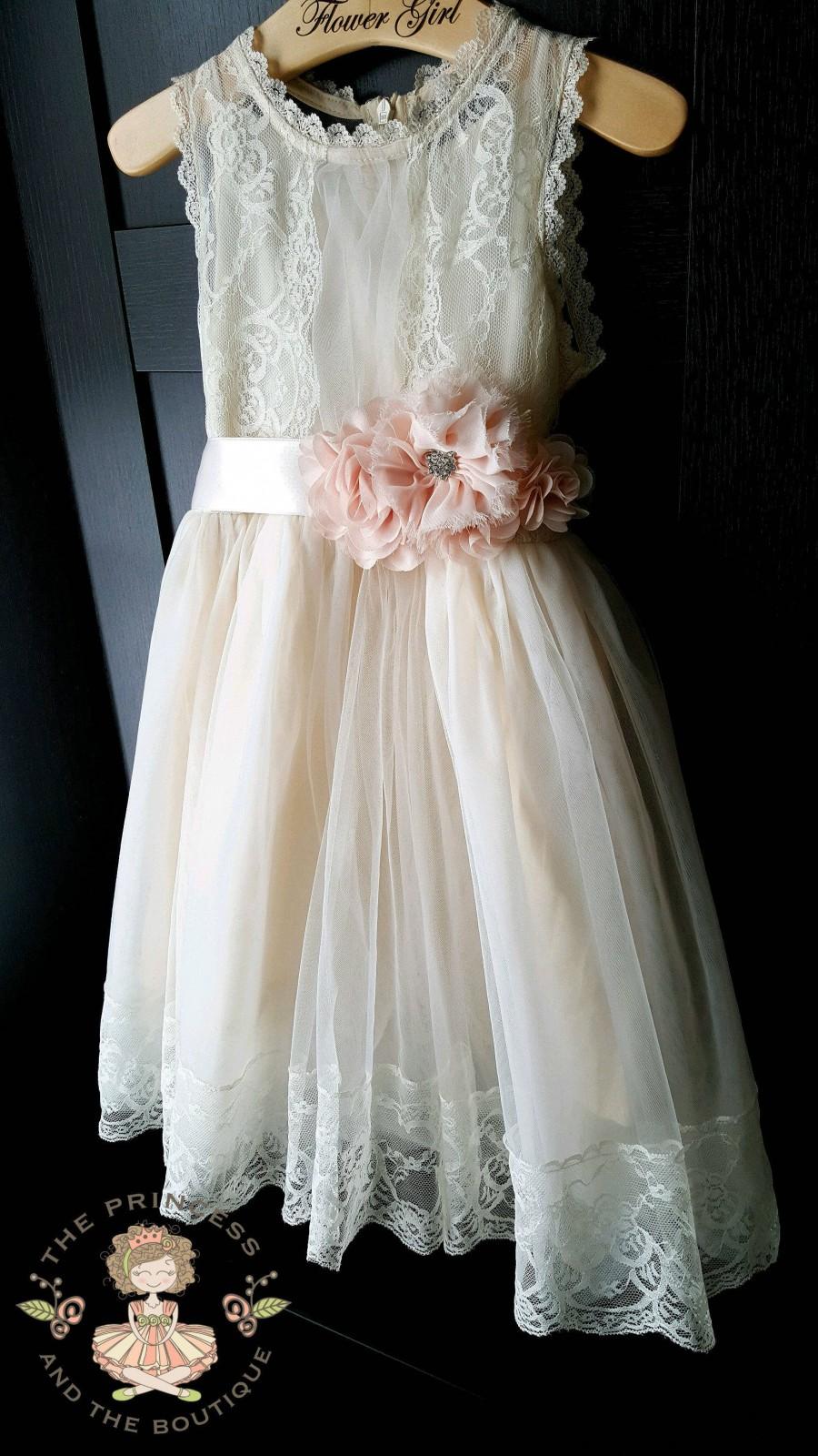 Hochzeit - Flower girl dress champagne with blush sash, flower girl dress lace, blush flower girl dress, girls dresses, flower girl dress blush