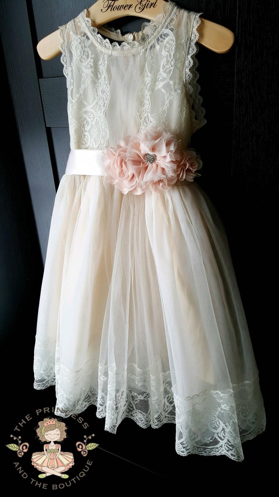 Wedding - flower girl dress, lace flower girl dress, ,rustic flower girl dress, ivory champagne blush flower girl dress, baby toddler girls dress