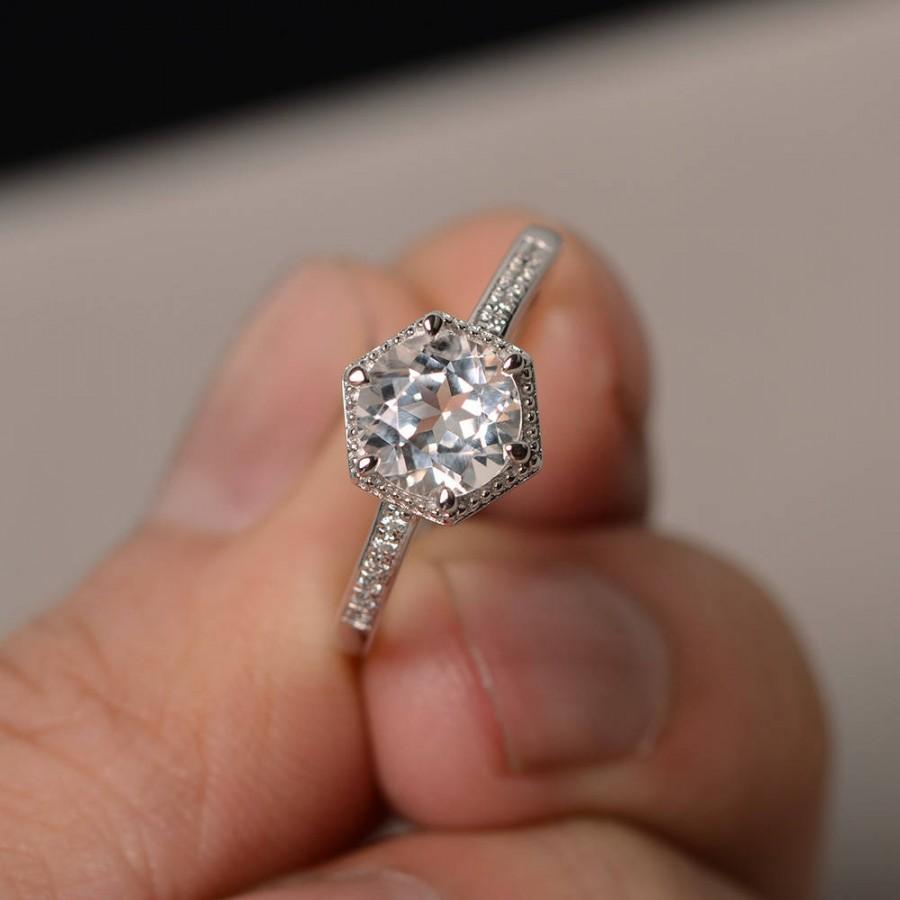 زفاف - Natural White Topaz Rings Sterling Silver Engagement Ring Round Cut Gemstone Jewelry