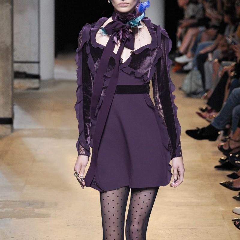 Mariage - Vogue A-line V-neck High Waisted Purple It Girl Spring Frilled 9/10 Sleeves Dress - Bonny YZOZO Boutique Store