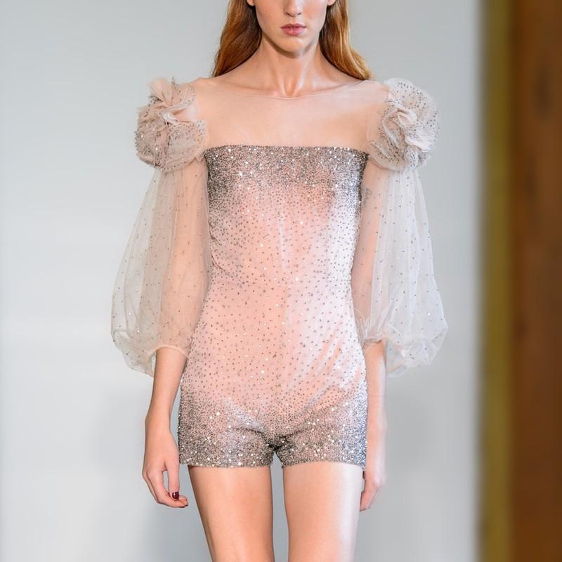 Wedding - Vogue Slimming Bubble Sleeves Tulle Organza Sequined Jumpsuit - Bonny YZOZO Boutique Store