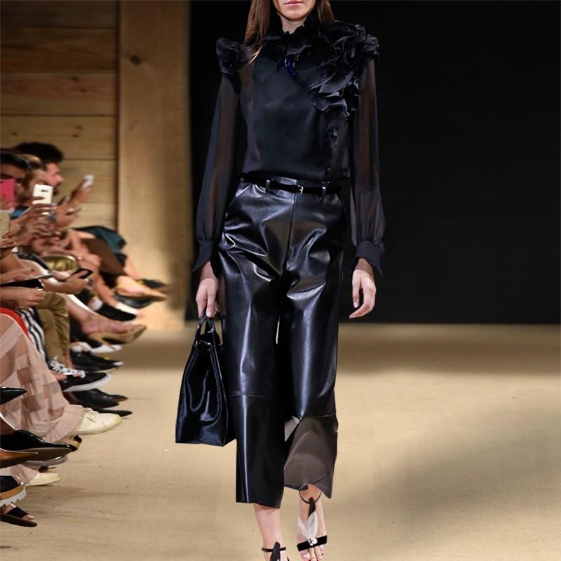 زفاف - Vogue Ruffle Slimming Spring Frilled 9/10 Sleeves Black Chiffon Top Top - Bonny YZOZO Boutique Store