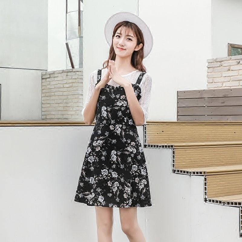 زفاف - Fresh Student Style Agaric Fold Chiffon Floral Summer Lace Twinset Strappy Top Dress Skirt - Bonny YZOZO Boutique Store