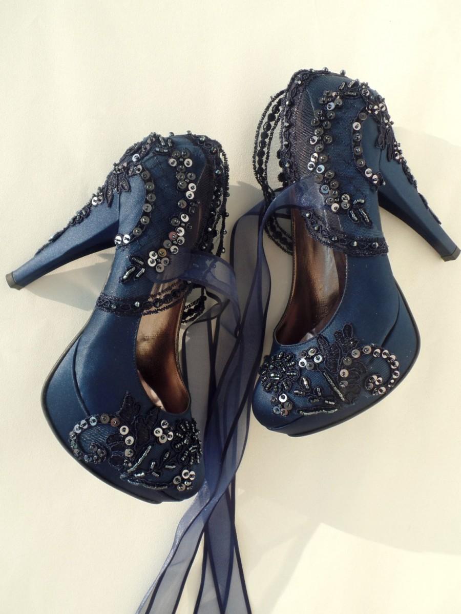 Wedding - Navy Blue Embellished Lace Wedding Shoes