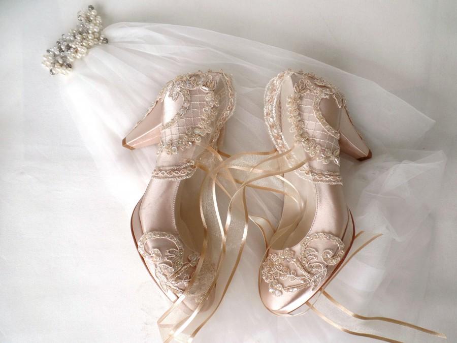 Hochzeit - Custom Wedding Shoes, Champagne Satin Bridal Shoes