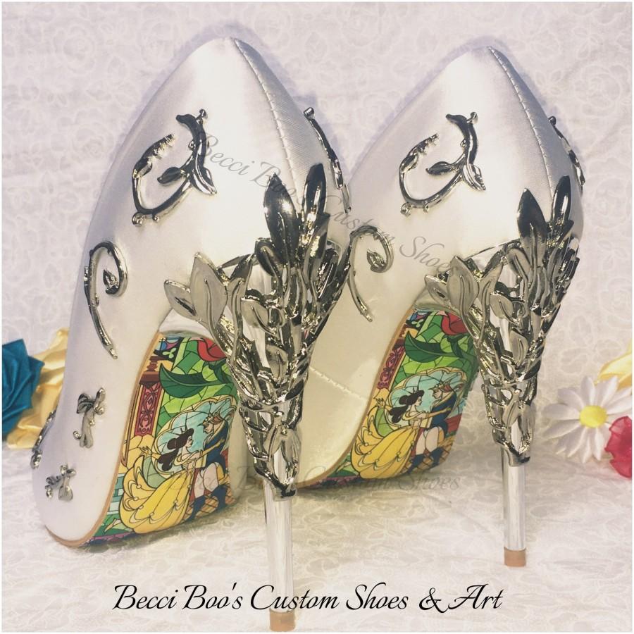 زفاف - Beauty and the Beast Shoes Pointed Toe Wedding with Metal Leaf Detailing. Beautiful Bridal Heels Handmade Soft Comfortable Disney Inspired