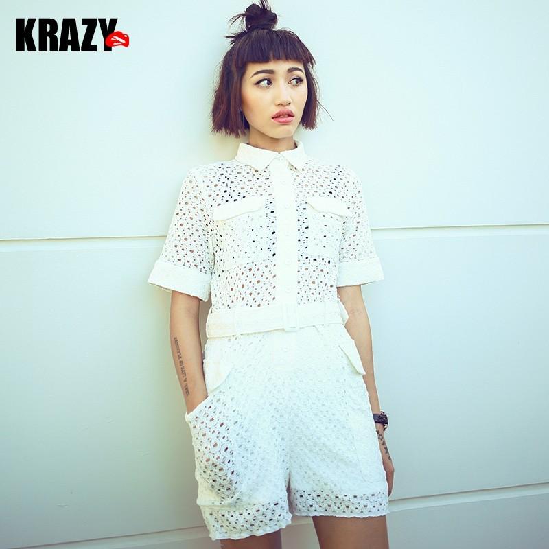 زفاف - Fashion mesh waistband short jumpsuit women casual lapel 7576 - Bonny YZOZO Boutique Store