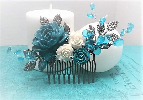 Wedding - Teal White Pearl Wedding Comb, Silver Wedding Comb, Bridal Hair Comb, Garden Wedding, Hair Accessory, Teal Color, Hair Comb, Bridal Comb