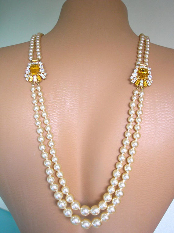 Wedding - Citrine Pearl Backdrop Necklace Wedding