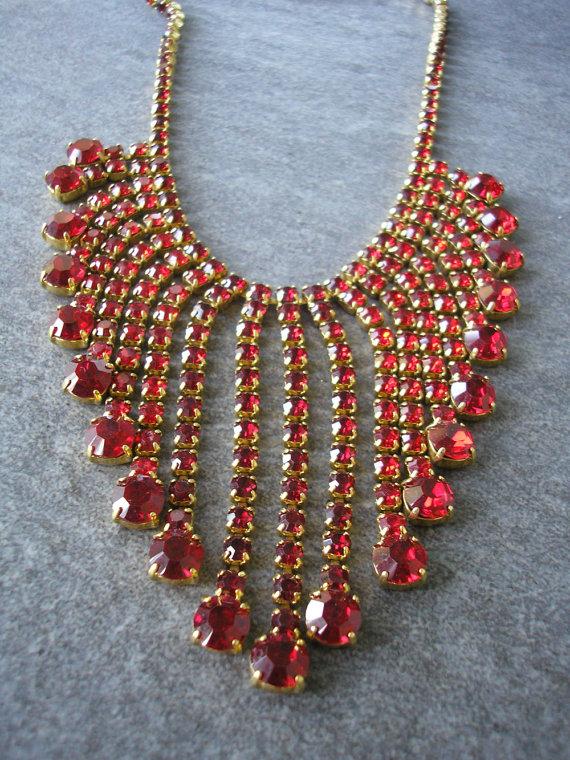 Wedding - Red Rhinestone Necklace, Statement Necklace