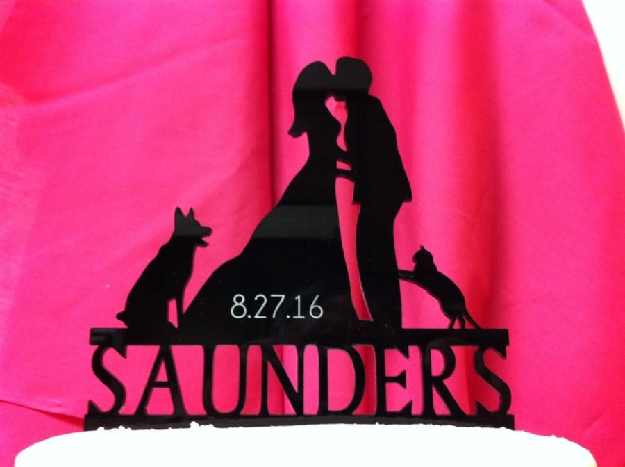 Wedding - Silhouette Couple Pets Surname Date Personalized Wedding Cake Topper Made in USA..Ships From USA