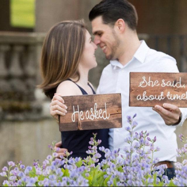 Свадьба - Engagement Photo Sign He Asked She Said Yes Sign Personalized Sign She Said About Damn Time Funny Save the Date Save the Date Prop Wood