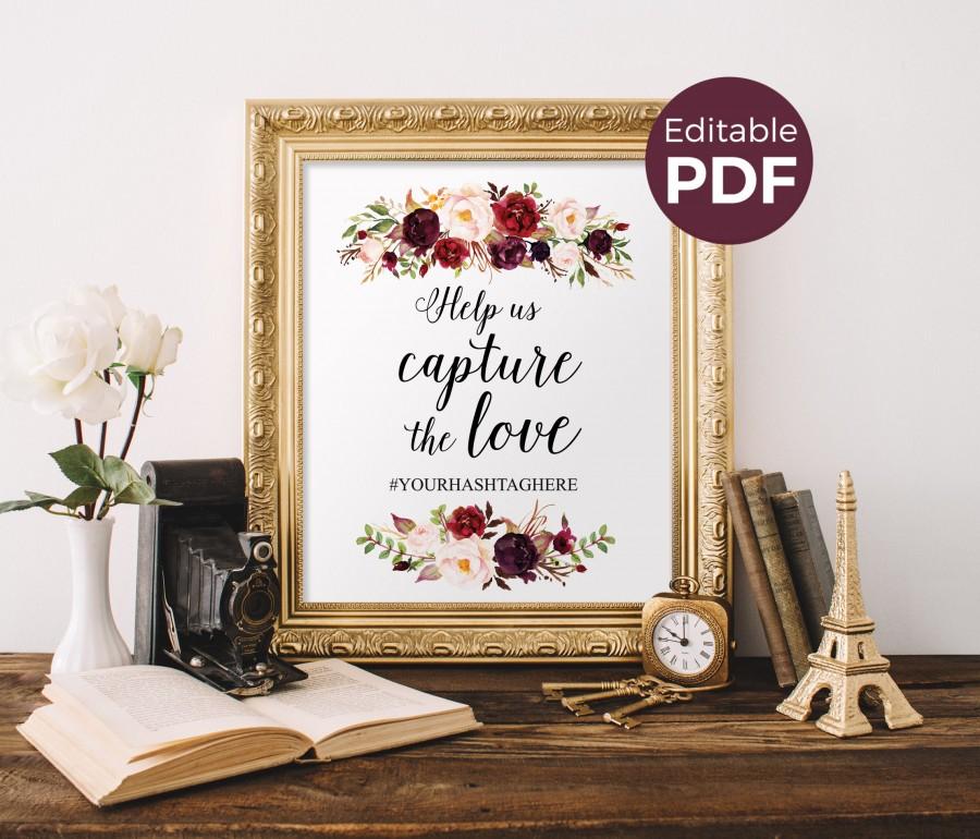 Свадьба - Marsala Capture The Love Sign, Wedding Hashtag Sign Printable, DIY Social Media Hashtag Editable Template, Boho Autumn Wedding Signage PDF