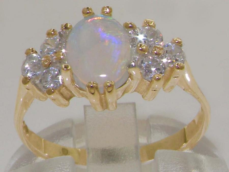 زفاف - Luxury English 9K Yellow Gold Natural Colorful Opal & 0.36ct 1/3ct Diamond Accent Engagement Ring, Solitaire Wedding Ring -Customize:14K,18K