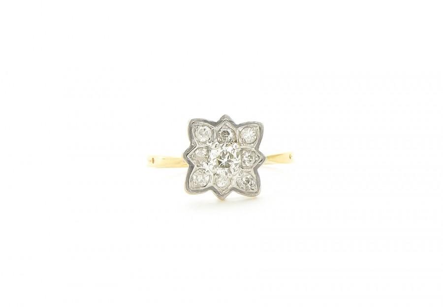 زفاف - Art Deco Diamond Ring, Fiery Old European Cut Diamond in 18K & Platinum, Striking Cluster Design, in Pretty Leather Box