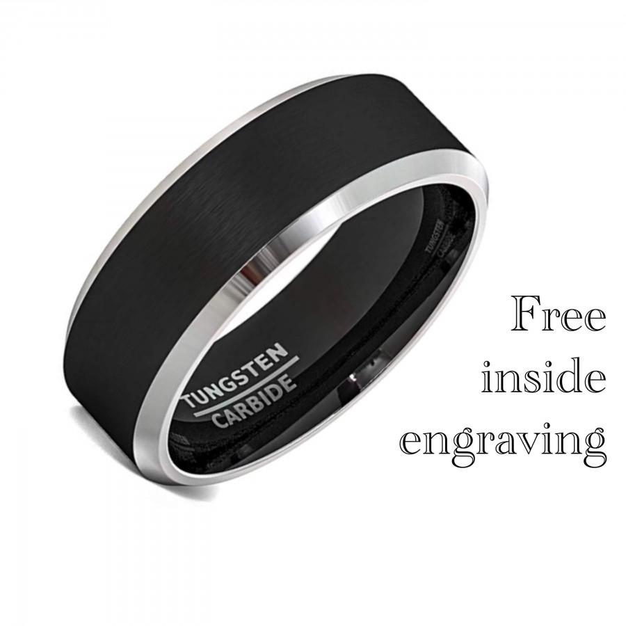 Wedding - Black Tungsten Wedding Band Ring Men Women Comfort Fit Grey Black Bevel Edge Polished Simple Ring For Him Wedding Ring Engagement - 8mm