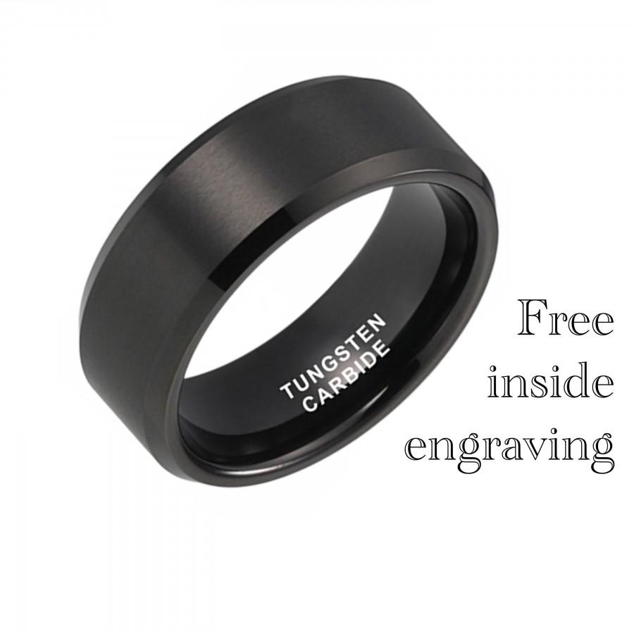 Wedding - Black Beveled Tungsten Ring Wedding Band Tungsten Carbide Mens Engagement Women Wedding Gift Custom Promise Ring Simple Black Men Ring - 8mm