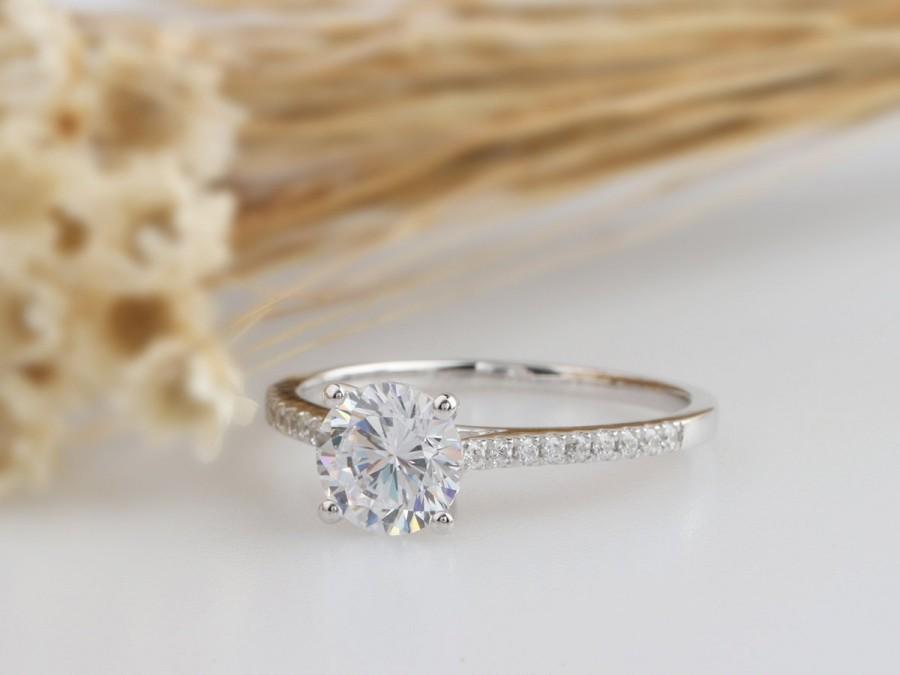 زفاف - 14K Solid Gold Eing /1CT Round Simulated Diamond Center/ Engagement Ring/Stack Ring/Promise ring/Moissanite Ring/White gold Ring For Women