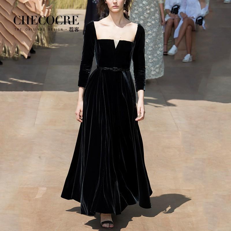 Mariage - Elegant Slimming Square Trail Dress High Waisted Velvet Formal Wear Dress - Bonny YZOZO Boutique Store