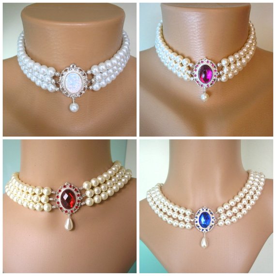 Hochzeit - Swarovski Pearl Choker, Indian Wedding Choker, Pearl Bridal Necklace, Emerald, Opal, Sapphire, Ruby, Fuschia, White Pearls, Cream Pearls