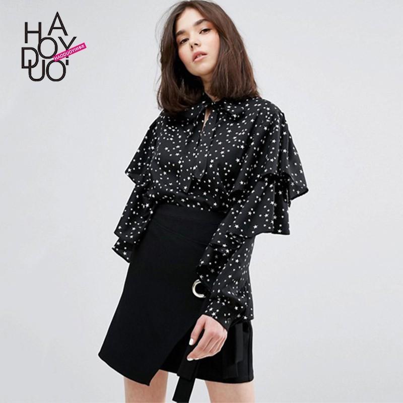 Mariage - Vogue Printed Star Fall Tie Frilled Blouse - Bonny YZOZO Boutique Store
