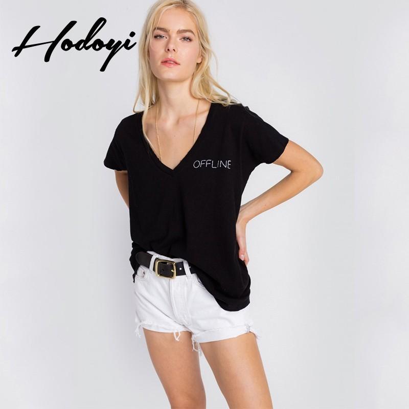 زفاف - Must-have Oversized Vogue Sexy Embroidery Plus Size V-neck Alphabet Summer Casual Short Sleeves Black T-shirt - Bonny YZOZO Boutique Store
